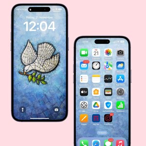 May include: Two smartphones with blue backgrounds. One displays a dove with an olive branch, the other shows app icons. The time is displayed on both screens. The text on the screens includes "Friday, 21 November" and "12:04".