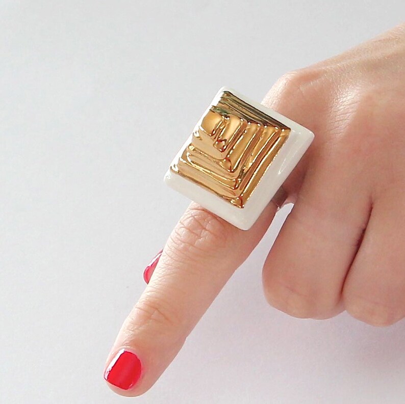 Gold Pyramid Ring 14k gold Mothers Day cocktail ring fashion ring Ceramic Ring handmade ring ceramic jewelry statement ring