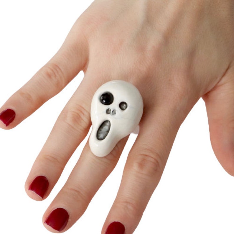 Statement Ring Halloween ring Ghost Ring Studioleanne adjustable ring Unique ring Ceramic ring Skull Ring handmade ring gothic ring