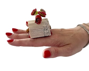 Book Sculpture Flower Ring, Wearable Art, Unique Jewelry, Statement Ring, Glass Ring, Paper Art Ring, big ring, bespoke jewelry Studioleanne
