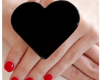 Statement Ring, Ceramic Ring, Black Heart Ring  - large ring, big ring, bold ring, fashion ring, black ring handmade ring by  StudioLeanne