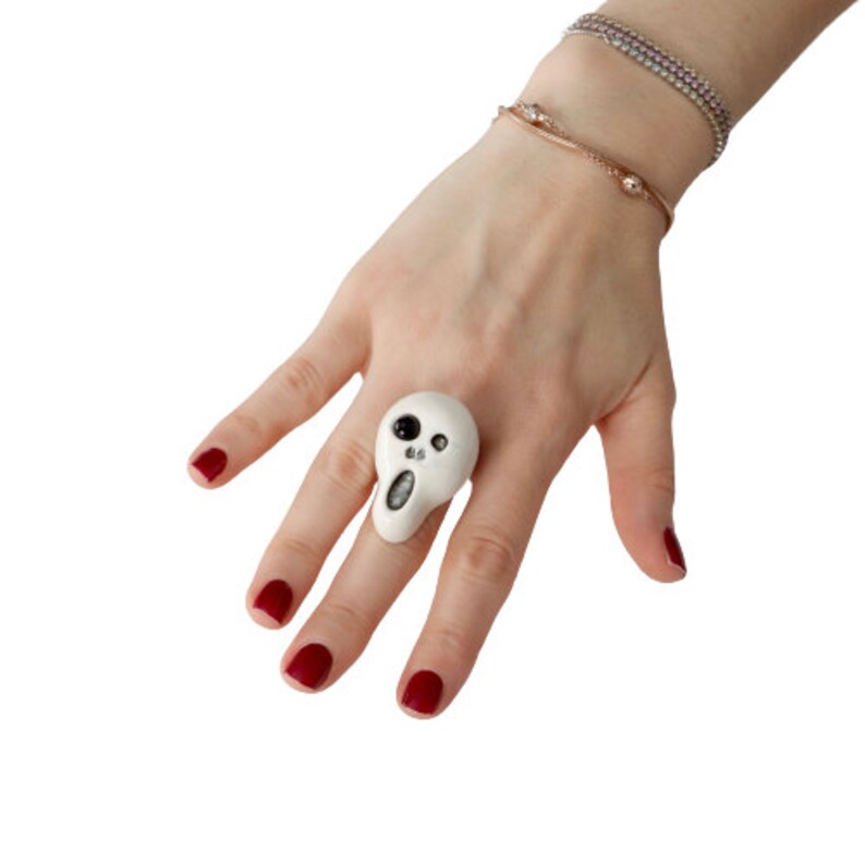 Statement Ring Halloween ring Ghost Ring Studioleanne adjustable ring Unique ring Ceramic ring Skull Ring handmade ring gothic ring