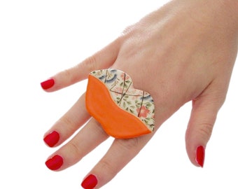 Lip Ring Ceramic Ring - statement ring, lip art, big ring, ceramics and pottery, handmade by StudioLeanne - 2.2 inch