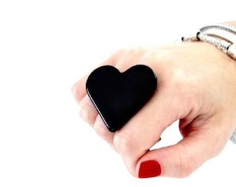 Black Heart, Ceramic Ring, Gift for Her  - ceramic jewelry,  gothic jewelry, adjustable ring, statement ring, cocktail ring, StudioLeanne