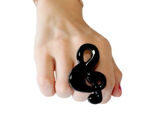 Music Note Ring, Treble Clef ring, Ceramic Ring, black ring, Ceramic jewelry, - music jewelry, big ring,  statement ring, handmade ring