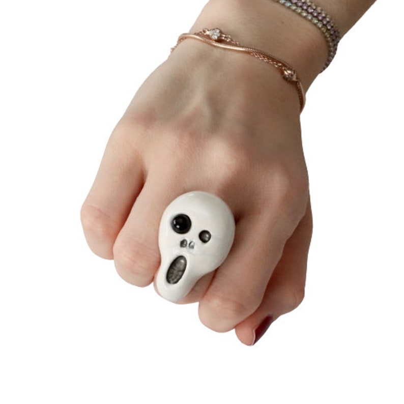 Statement Ring Halloween ring Ghost Ring Studioleanne adjustable ring Unique ring Ceramic ring Skull Ring handmade ring gothic ring