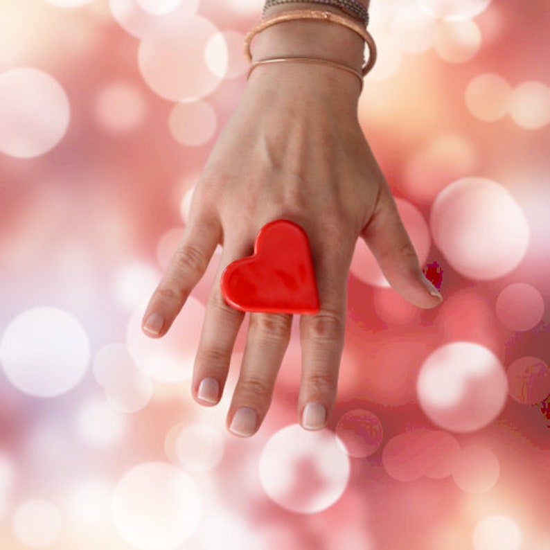 Valentines Day, Red Heart Ring, Ceramic Ring, Gift for Her, red ring, big ring, adjustable ring, fashion ring, statement ring, Studioleanne image 3