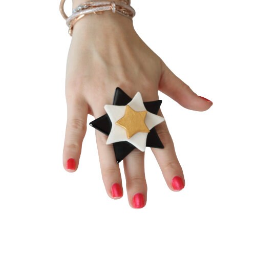 Star Ring, Statement Ring, Ceramic Ring, big ring, gold star ring, oversize ring, fashion ring, handmade ring by StudioLeanne cocktail ring