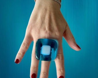 Mediterranean Blue Ring, Fused glass ring, Statement Ring, Beach Ring, boho jewelry, big ring, cocktail ring, handmade ring, unique ring