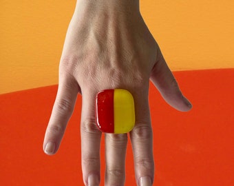 Fused Glass Jewelry, Yellow and Red Ring, Geometric Ring, Statement Ring, Unique jewelry, womens jewelry, New Year fashion,  statement ring