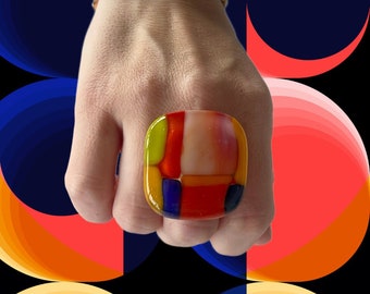 Fused Glass Jewelry, Geometric Ring, Statement Ring, Unique jewelry, womens jewelry, New Year fashion, cocktail ring, statement ring