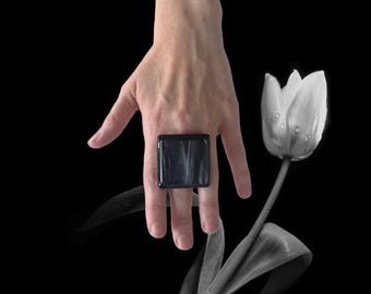 Black and White, Marbled ring, Large Ring, Gift Idea for Her, New Year fashion, big ring, fused glass ring, statement cocktail ring