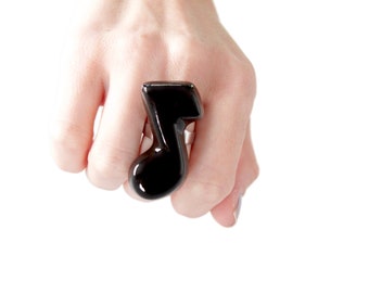 Music Note Ring, Ceramic Ring, black ring, Ceramic jewelry, - music jewelry, big ring,  statement ring, cocktail ring handmade ring