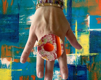 Big Ring, Orange Ring, Boho Ring, Summer Fashion, Flower Ring, Ceramic Jewelry, unique jewelry, hippy jewelry, bespoke jewelry, StudioLeanne