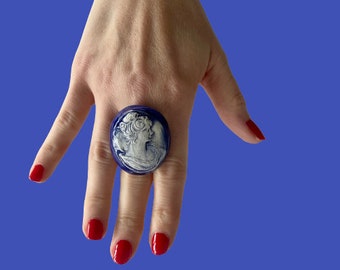 Cameo Ring, Sapphire Blue Ring, Fashion Ring, Ceramic Ring, Portrait Ring - big ring, Cameo jewelry, statement ring, ceramic jewelry