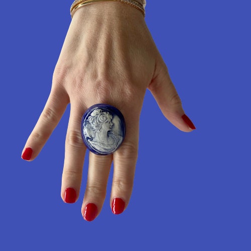 Bague Camée En Argent Massif 925, Fond Bleu, Rhodié - Neuf Avec étiquettes, Sans Nickel