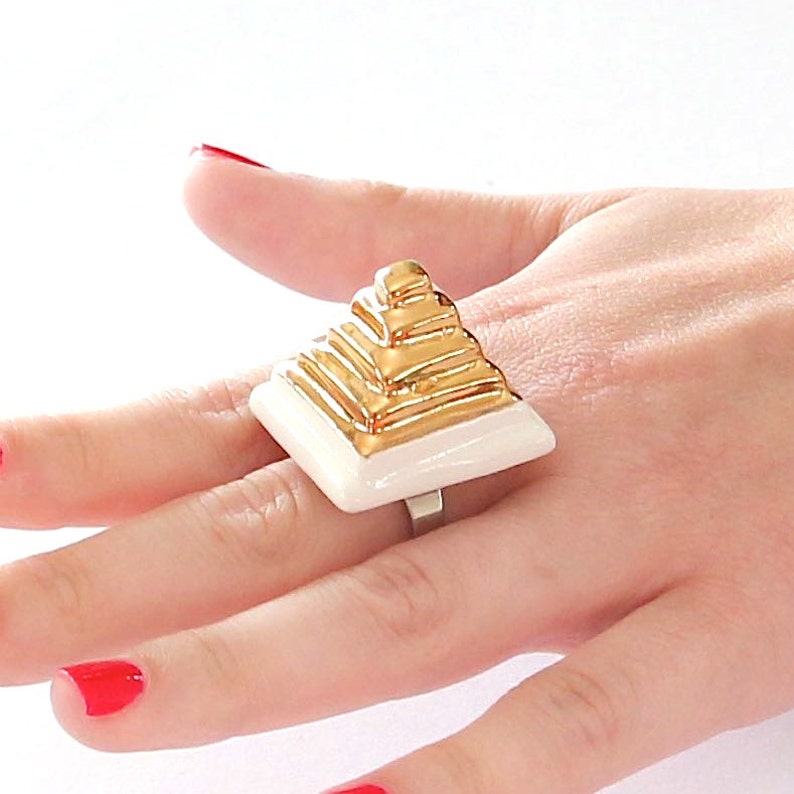 Gold Pyramid Ring 14k gold Mothers Day cocktail ring fashion ring Ceramic Ring handmade ring ceramic jewelry statement ring