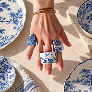 Special, Jewelry Sale, Upcycled Blue Porcelain Cocktail Rings, Vintage Ceramic Jewelry, Sea Water Tumbled, StudioLeanne