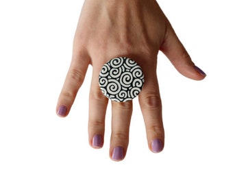 Ceramic Jewelry, Gift for Her, Statement Ring, Black and White Ring,  Ceramic Ring, big ring, geometric jewelry, large ring statement ring