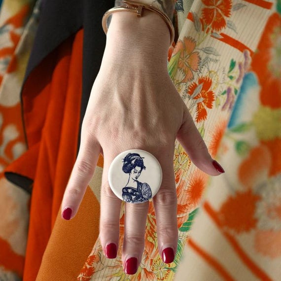 Portrait Jewelry, Geisha Girl Ring, Fashion Ring, Womens Jewelry, Ceramic Ring- big ring, large ring, oversize handmade ring by Studioleanne