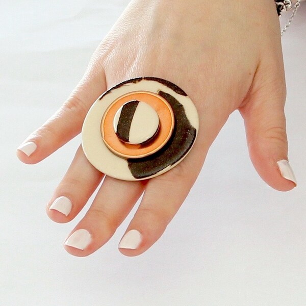 Marbled Ceramic and Copper Statement Ring - big ring  bold ring, copper ring,  oversize ring  handmade ring  - Studioleanne  2 inch