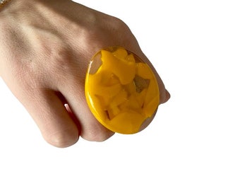 Marble Ring, Yellow Ring, Inspirational Jewelry, Fashion Ring, gift for her, Statement Ring, Big Ring, Glass Art, unique ring, glass ring