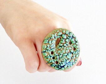 Ceramic Ring - ceramic jewelry, big ring, statement ring, adjustable ring, boho ring, tribal ring, Studioleanne - 2.1 inch