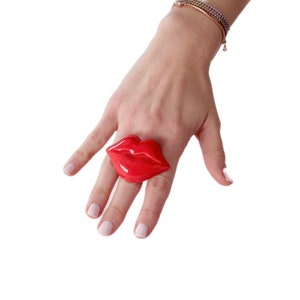 Lip Ring, Red Ceramic Ring, statement ring, red lips, Harajuka fashion, big ring, ceramic jewelry, handmade adjustable ring StudioLeanne