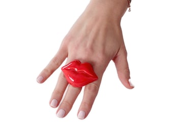 Lip Ring, Red Ceramic Ring, statement ring, red lips, Harajuka fashion, big ring, ceramic jewelry, handmade adjustable ring StudioLeanne