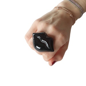 Lip Ring, Black Ceramic Ring, statement ring, black lips, Harajuka fashion, big ring, ceramic jewelry, handmade adjustable ring StudioLeanne