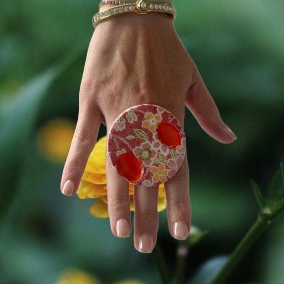 Big Ring, Orange Ring, Boho Ring, Summer Fashion, Flower Ring