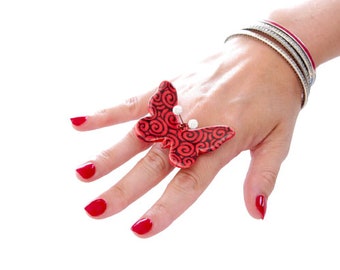 Ceramic Jewelry, Butterfly Ring, big ring, woodland ring, handmade ring, unique jewelry, adjustable ring, ceramic ring, cocktail ring,