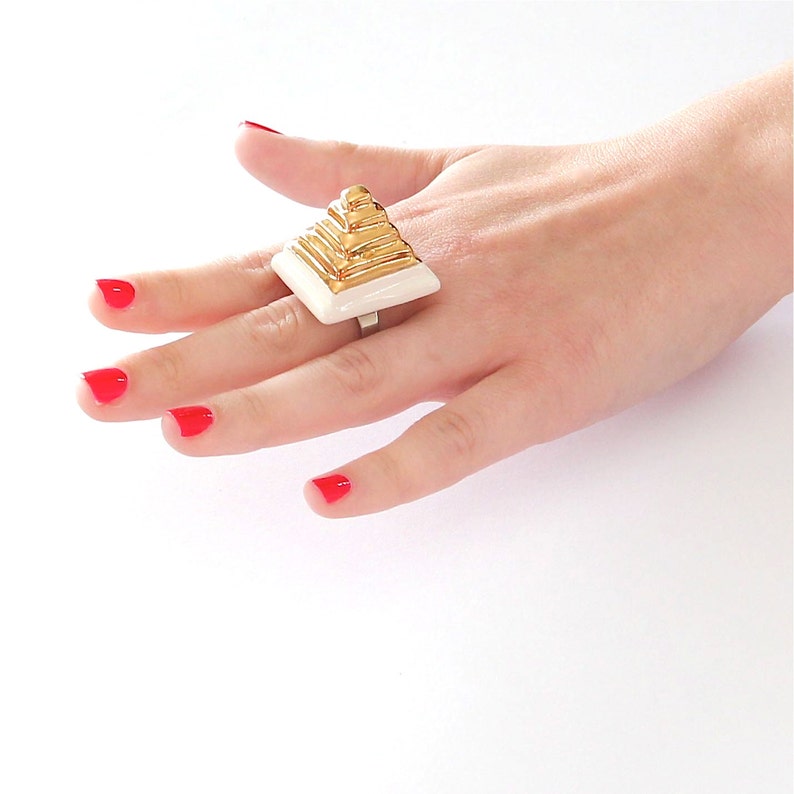 Gold Pyramid Ring 14k gold Mothers Day cocktail ring fashion ring Ceramic Ring handmade ring ceramic jewelry statement ring