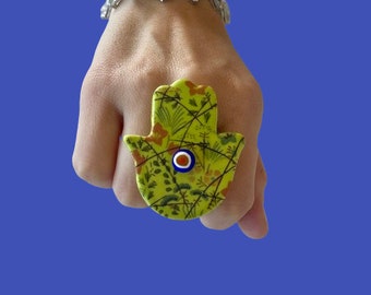 Evil Eye Ring, Protection Ring, Ceramic Ring, Hamsa Ring, Eco Friendly ring, flower ring, large ring, unique jewelry, handmade  Studioleanne