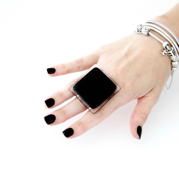 Large Ring Gift Idea for Her -  black ring, classic ring, New Year fashion, big ring, fused glass ring, handmade statement cocktail ring