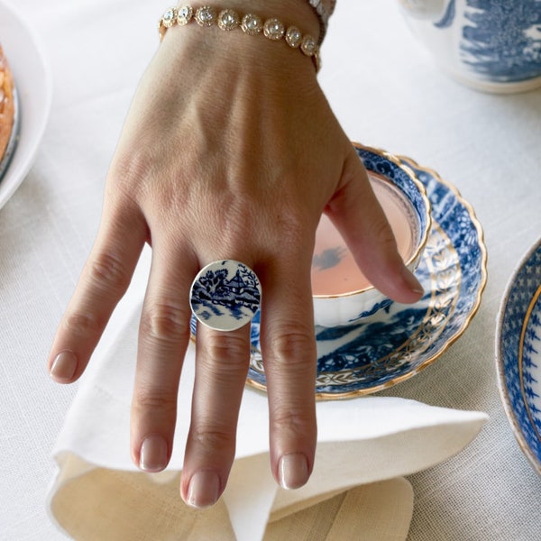 Repurposed Jewelry, Broken china jewelry, Upcycled Jewelry, Porcelain Ring, Vintage Ring, recycled ring, Antique Jewelry,  blue ring,