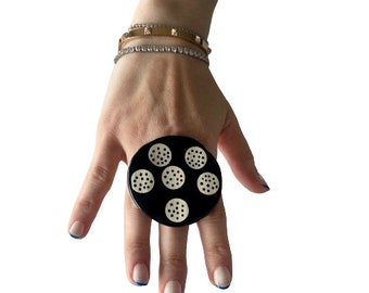 Black and White Ring, Geometric Jewelry, Unique Jewelry, Ceramic Ring, Polka Dot, Tribal Jewelry Statement Ring, Ceramic Jewelry, large ring