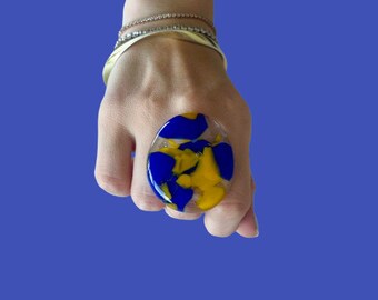 Marble Ring, Blue and Yellow Ring, Inspirational Jewelry, Fashion Ring, gift for her, Statement Ring, Big Ring, unique ring, glass ring