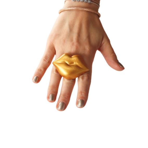Lip Ring, Gold Ceramic Ring, statement ring, gold lips, Harajuka fashion, big ring, ceramic jewelry, handmade adjustable ring StudioLeanne