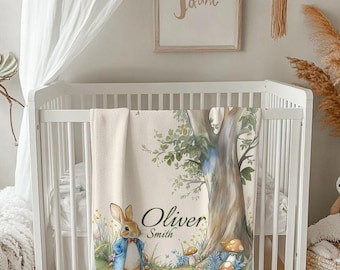 Personalized Peter the Rabbit Baby Blanket – Soft Fleece Nursery Bedding | Baby Shower Gift | Custom Name Blankie | Cozy Toddler Throw