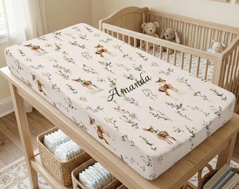 Woodland Fawn Changing Pad Cover | Deer Nursery Changing Table Cover, Floral Eucalyptus Baby Room Decor, Changing Station Cover with Deers