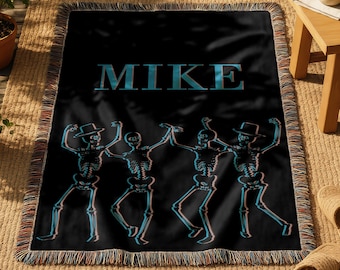 Personalized Skeleton Dance Woven Blanket - Custom Halloween Throw, Spooky Home Decor, Trick or Treat Gift, Scary Skulls Tapestry, Creepy