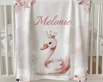 Swan Baby Blanket – Personalized Fleece Throw | Custom Name Nursery Keepsake | Elegant Swan Baby Shower Gift | Soft Crib Blanket