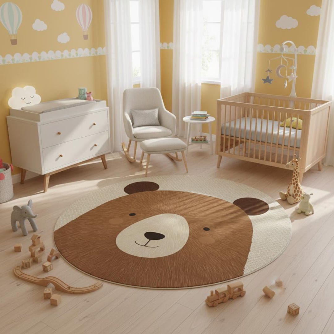 Custom Rugs For Baby Round Nursery Rug Bear | Personalized Woodland Baby Room Carpet | Soft ...