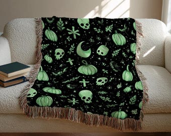 Green skulls Woven Blanket, Customized Throw Blanket, Personalized Kids Blanket, Cozy Bed Cover, Unique Creature Blanket,