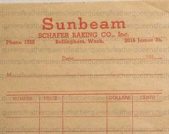 Vintage Order Receipt Printable Ephemera, Shafer Baking Co, Sunbeam Invoice, Digital Download, Scrapbook Embellishment