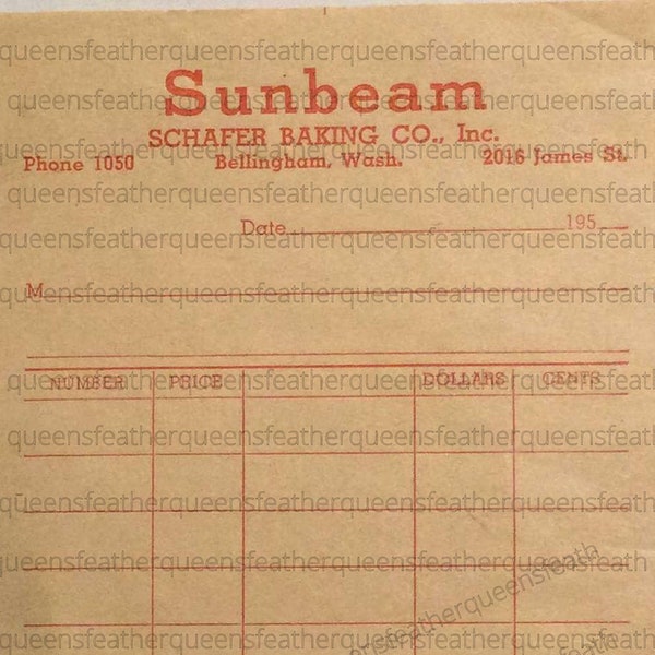 Vintage Order Receipt Printable Ephemera, Shafer Baking Co, Sunbeam Invoice, Digital Download, Scrapbook Embellishment