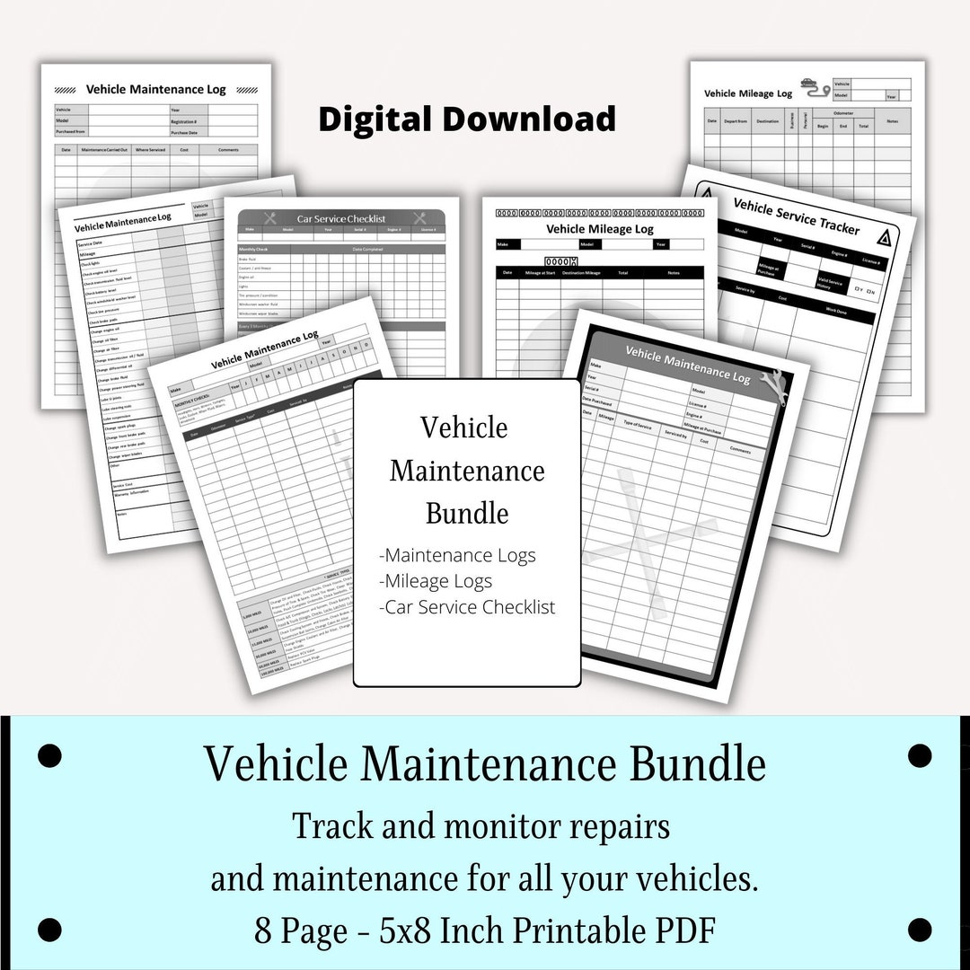 Vehicle Maintenance Log Printable, Vehicle Repair Log With Vehicle Checklist, Mileage Tracker ...