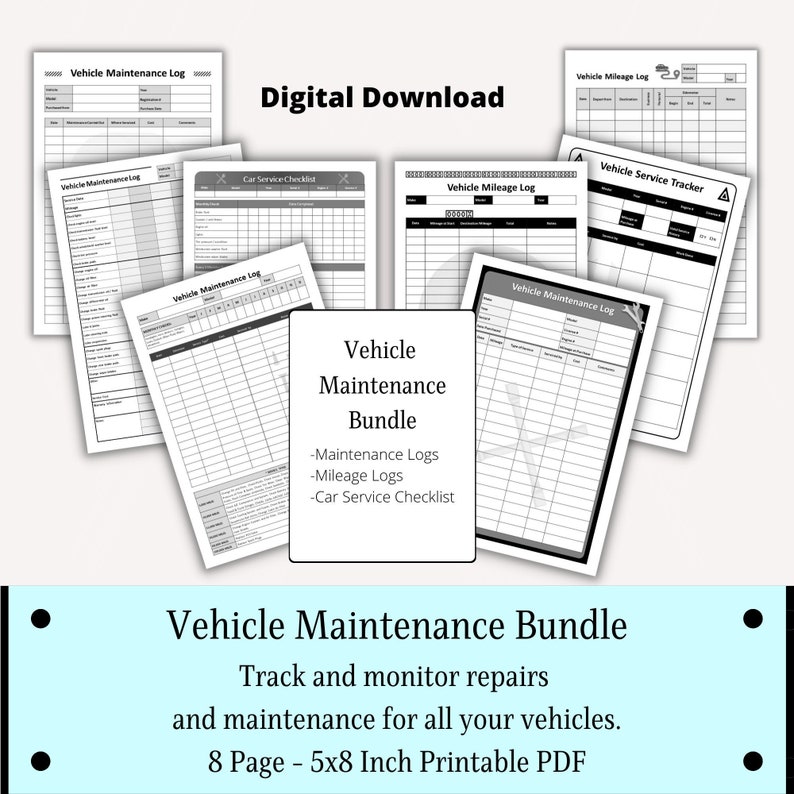Vehicle Maintenance Log Printable, Vehicle Repair Log With Vehicle Checklist, Mileage Tracker ...