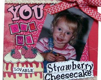 Pre-Made Scrapbook Page, Birthday Gift, Self Standing Photo Frame, Girl Scrapbook Page, Strawberry, Cheescake Theme, School photo Frame